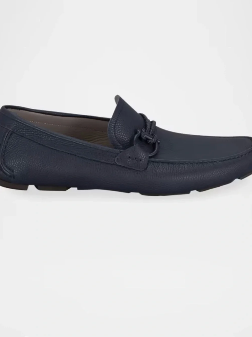Salvatore Ferragamo Navy Pebbled Leather Driver Loafers with Knot Trim
